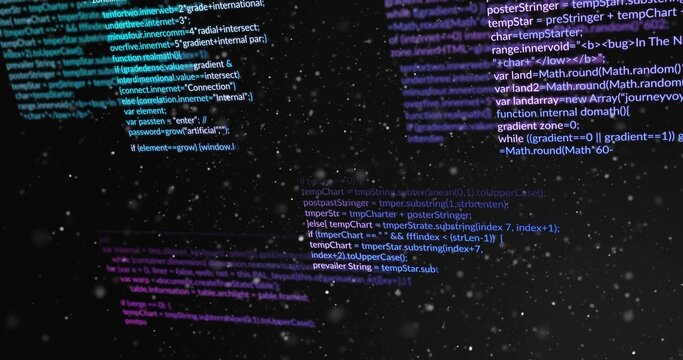 Showing dark abstract code scene floating in virtual space, with code fragments and particle specks
