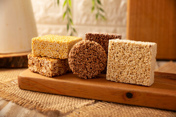 Alegrias. Healthy snack.Typical Mexican candy made from amaranth and honey or sugar, it is molded into various shapes, such as bars or sugar skulls. This is the most common way to consume amaranth.