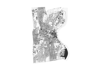 Monochrome map of Hartford showing highways, roads, and building footprints — ideal for urban planning, architectural visualization, or geographic design projects.