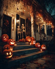 Obraz premium Halloween pumpkins glowing on porch at night with skeletons