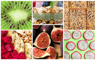 Seedy or gritty food texture. Collection of products