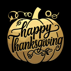 Golden happy thanksgiving text on a stylized pumpkin illustration