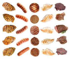 Grilled meat and sausages isolated on white, set
