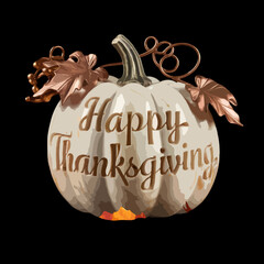 Decorative white pumpkin with happy thanksgiving message and rose gold accents