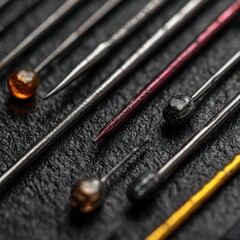 Detailed view showcasing different types of sewing needles on a surface.