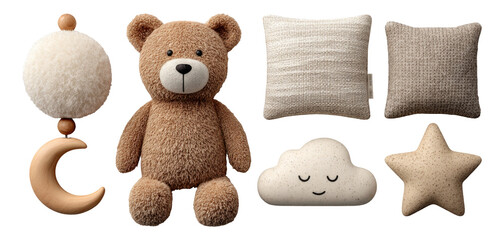 Cute Plush Bear with Decorative Cushions and Accessories on Isolated Background