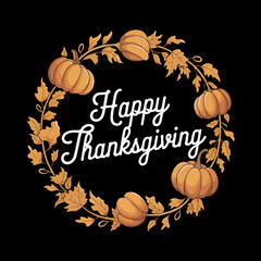 Happy thanksgiving wreath with pumpkins and autumn leaves on black background