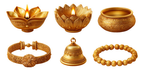 Elegant Gold Decorative Items with Candle, Bowl, Jewelry, and Bell on Transparent Background