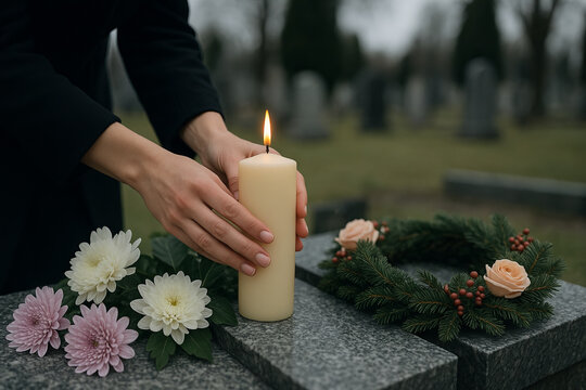 Woman honoring all saints day by lighting a candle on a grave with floral and evergreen arrangement in a serene cemetery setting. concept of remembrance, tribute, peace. - Powered by Adobe