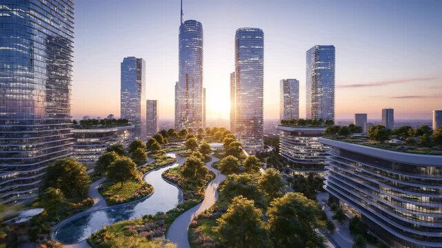 Aerial drone view sweeping over a futuristic city skyline featuring numerous green roofs and elevated park spaces at sunrise green infrastructure, city, urban nature