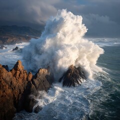 A powerful ocean wave creates a dramatic spray of foam.
