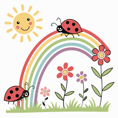 ladybug on a camomile season, landscape, plant, bug, spring, flower, ladybug, ladybird, summer, grass, sky, garden, animal, red, design, cartoon, illustration, leaf, nature, insect, vector, beetle