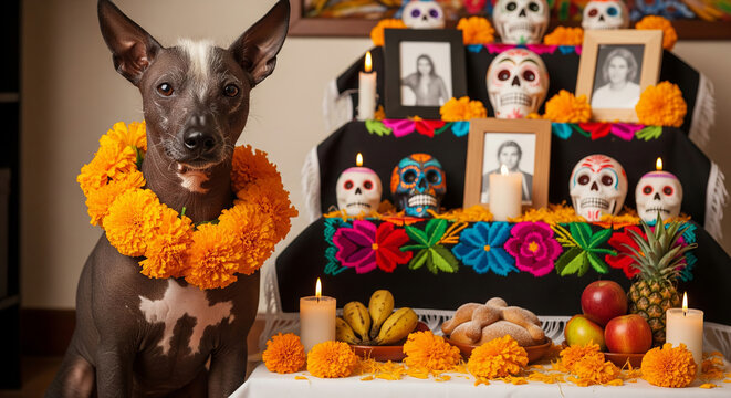 Day of the dead altar with dog, colorful marigolds, and sugar skulls honoring dia de los muertos tradition. concept of mexican culture, festive celebration, ancestral homage