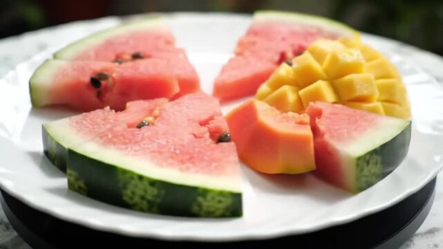 Freshly cut watermelon and mango slices on white plate close up