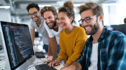 Diverse Team Collaborates on Web Development Project Using Computers