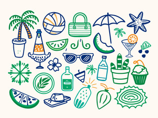 summer beach icons set art, doodle, fish, icons, illustration, set, icon, beach, food, sun, symbol, umbrella, ball, sand, design, drink, cartoon, travel, vector, summer, sea, pattern, 