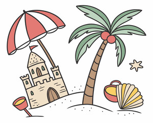 summer vacation vector illustration cartoon, paradise, sky, travel, umbrella, tree, beach, summer, vector, sun, water, holiday, resort, wave, nature, sand, illustration, island, sea, palm, tropical, o