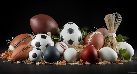 Assorted Sports Balls and Eggs Collection on Dark Background