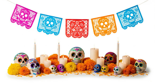 Colorful day of the dead altar with intricately decorated skulls, marigold flowers, candles, and papel picado banners. concept of cultural celebration, mexican tradition, vibrant decor