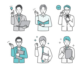 パソコンやタブレット、ファイルを持つ男性ビジネスパーソンのシンプルイメージ イラスト素材