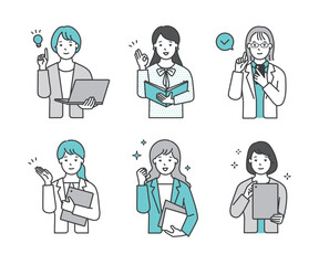 パソコンやタブレット、ファイルを持つ女性ビジネスパーソンのシンプルイメージ イラスト素材