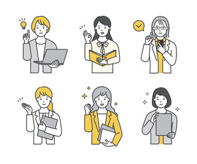 パソコンやタブレット、ファイルを持つ女性ビジネスパーソンのシンプルイメージ イラスト素材