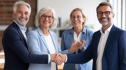Business Team Celebrating Successful Deal with Handshake in Office