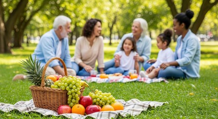 Diverse family enjoying a relaxing picnic in a sunny park with fresh fruits surrounded by green trees. concept of togetherness, outdoor leisure, healthy eating