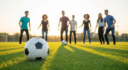 Group of diverse young people playing soccer on a sunny field in the evening. concept of teamwork, outdoor sports activity, fun