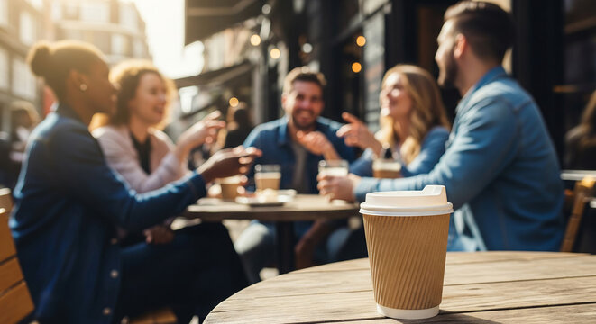 Group of young adults enjoying coffee outdoors at a cafe table in warm sunlight. concept of social interaction, coffee culture, outdoor leisure.