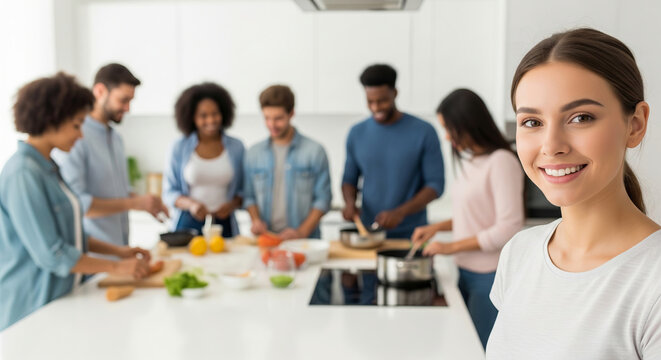 Group of young adults cooking together in modern kitchen. concept of social gathering, culinary activity, teamwork - Powered by Adobe