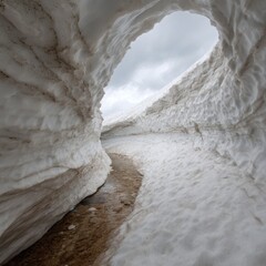 A serene meltwater channel carved under a snowpack, showcasing nature's beauty.