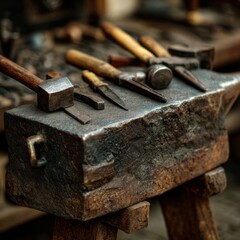 An anvil surrounded by hammers and tongs, showcasing craftsmanship.