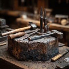 An anvil surrounded by hammers and tongs, showcasing craftsmanship.
