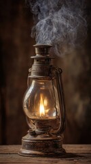 An antique oil lamp, weathered and rusty, sits on a wooden surface, emitting a soft, warm glow and wispy smoke