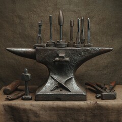 A close-up of an anvil surrounded by hammers and tongs.
