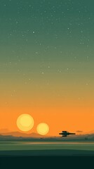 A stylized sunset landscape featuring two large, luminous celestial bodies setting over a flat, dark plane, with a small, silhouetted spacecraft flying low near the horizon under a star-filled sky.