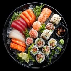 An overhead shot showcases a lavish sushi platter, featuring assorted sashimi, maki rolls, and nigiri, artfully arranged on a bed of ice within a dark circular dish.
