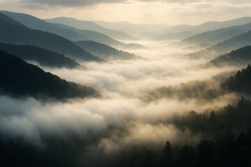 Obraz premium Golden Hour Mystique: Sun-Kissed Fog Rolling Through Layered Mountain Valleys