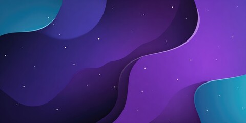 Abstract cosmic landscape with flowing, layered purple and teal forms, scattered with small white dots resembling stars, creating a dreamy, paper-cut effect