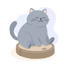 Gray cat peacefully sitting on robotic vacuum cleaner, relaxed domestic atmosphere blending pets and modern technology, flat vector art symbolizing calm humor, smart home and pet harmony concept.