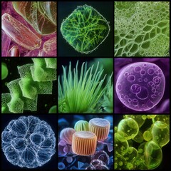 Close-up of various algae showcasing vibrant colors and textures.