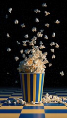 Buttery popcorn erupts from a striped container, scattering onto a checkered floor against a dark backdrop