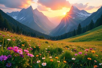 Obraz premium Majestic Sunset Panorama Serene Meadow and Wildflower Abundance Nestled Among Mountain Peaks