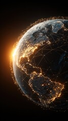 Digitally rendered Earth, illuminated by a radiant sunrise, showcasing city lights and a network of interconnected lines representing global communication and transportation