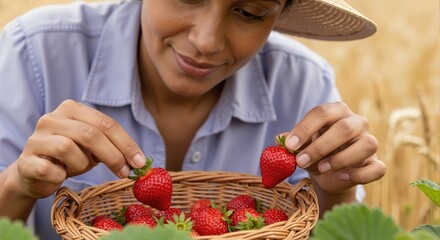 A woman harvesting fresh strawberries in a field. Close-up of a female farmer picking ripe organic fruit into a wicker basket. Healthy eating and agriculture concept