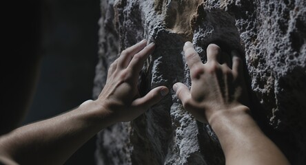 Close up of hands gripping a rough textured surface, representing challenge and ascent