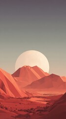 Low-poly desert landscape at sunset/sunrise, featuring reddish-orange mountains and a large, pale celestial body dominating the sky, creating a minimalist, serene atmosphere