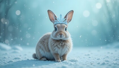 cute rabbit wearing snowflake crown in snowy winter forest christmas fantasy scene
