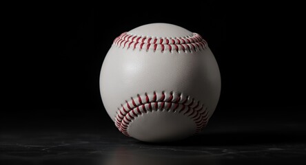 Close-up Macro Shot of a Classic Baseball with Red Stitching on a Dark Textured Surface